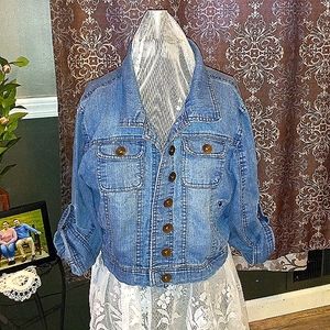 Cropped blue jean jacket adjustable sleeves